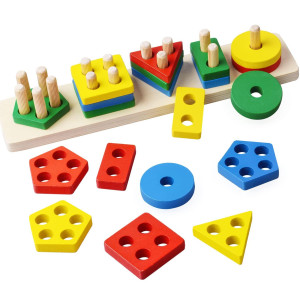 Montessori Toys For 1 2 3 Year Old Boys Girls Toddlers, Wooden Sorting Stacking Toys For Toddlers 1-3 Wooden Block Puzzles For Toddlers, Educational Shape Sorter Toys Color Recognition Learning Toys