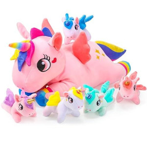 Sumind Rainbow Unicorn Mommy Stuffed Animal With 5 Cute Baby Unicorns In Her Tummy Plush Toy For Mama Girls Baby Toddler Kids 3 4 5 6 7 8+ Year Birthday Graduation Gifts(Pink, Novel Style)