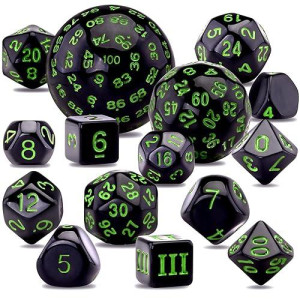Austor 15 Pieces Complete Polyhedral Dice Set D3-D100 Game Dice Set With A Leather Drawstring Storage Bag For Role Playing Table Games(Black & Green)
