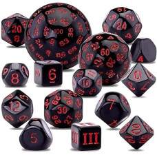 Austor 15 Pieces Complete Polyhedral Dice Set D3-D100 Game Dice Set With A Leather Drawstring Storage Bag For Role Playing Table Games(Black & Red)