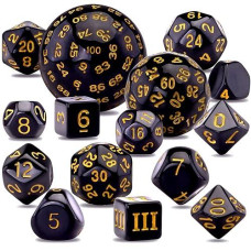 Austor 15 Pieces Complete Polyhedral Dice Set D3-D100 Game Dice Set With A Leather Drawstring Storage Bag For Role Playing Table Games(Black & Yellow)