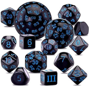 Austor 15 Pieces Complete Polyhedral Dice Set D3-D100 Game Dice Set With A Leather Drawstring Storage Bag For Role Playing Table Games(Black & Blue)