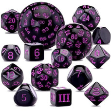 Austor 15 Pieces Complete Polyhedral Dice Set D3-D100 Game Dice Set With A Leather Drawstring Storage Bag For Role Playing Table Games(Black & Purple)