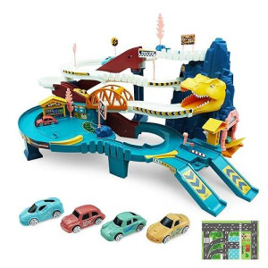 Redcrab Kids Dinosaur Car Playset Toy Ramp Track Set,Dino Adventure Toys With Flexible Track And 4 Mini Race Cars,Winding Highway Dinosaur Hill Toy Gifts For 3 4 5 6 Year Olds Boys Girls