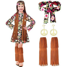 Haysandy Kids Hippie Costume Set For Girls 60S 70S Hippie Dress Peace Sign Hippie Party Accessories For Carnival Halloween Cosplay Party(M)