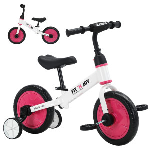 Ubravoo Trike To Bike Riding Tricycles For Boys Girls 2-5, Fit 'N Joy Kids Balance Bike With Pedals & Training Wheels Options, 4-In-1 Starter Toddler Training Bicycle (Pink-White)