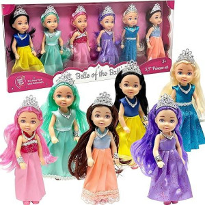 Little Dolls Set With Mini Princess Dolls For Girls - Princess Toy Dolls For Dollhouse -Small Doll Mini Princess Figures With Tiaras, Hair Accessories