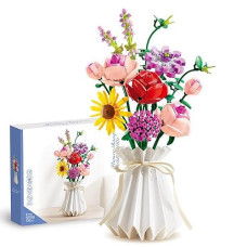 Mofokeay Flower Bouquet Building Sets,11 Artificial Flowers With Vase,Xmas Creative Gifts For Kid 6+(530 Pcs)