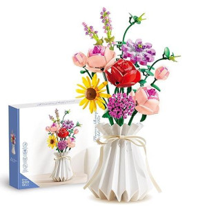 Mofokeay Flower Bouquet Building Sets,11 Artificial Flowers With Vase,Xmas Creative Gifts For Kid 6+(530 Pcs)