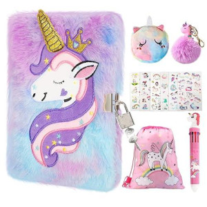 Homicozy Kids Unicorn Diary With Lock And Key,Tie-Dye Fuzzy Journal For Girls Ages 6 And Up,Hardcover Notebook With 160 Pages,Cute Stationery Unicorn Gift For Girls