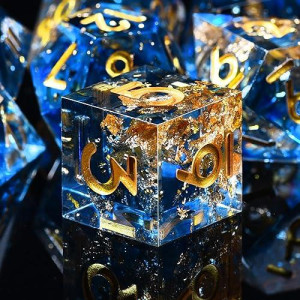Austor 7-Die Dnd Dice Set Handmade Sharp Edge Polyhedral Dice For Dungeons And Dragons Rpg Mtg Table Games(Tranlucent Blue With Glod Sequins)