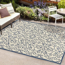 Jonathan Y Smb107G-4 Madrid Vintage Filigree Textured Weave Indoor Outdoor Area Rug, Coastal, Traditional, Transitional Easy Cleaning,Bedroom,Kitchen,Backyard,Patio,Non Shedding, Navy/Beige, 4 X 6