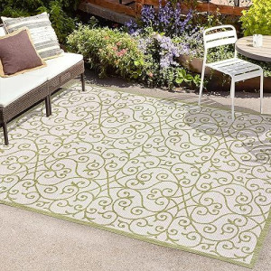 Jonathan Y Smb107H-5 Madrid Vintage Filigree Textured Weave Indoor Outdoor Area Rug, Coastal, Traditional, Transitional Easy Cleaning,Bedroom,Kitchen,Backyard,Patio,Non Shedding, Greencream, 5 X 8