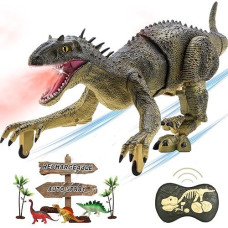 Remote Control Dinosaur Jurassic T Rex Toys For Boys Electronic Rc Spray Raptor Toy Led Lightup Walking Roaring Tyrannosaurus Rex Rechargeable Christmas Birthday Gift For Kids Girls 3 5 7 Years Old