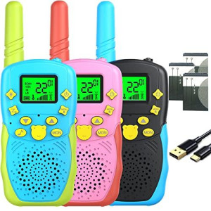 Pokpow Walkie Talkies For Kids Rechargeable 3 Pack Long Range 22 Channels 2 Way Radio Outdoor Kids Toys For Ages 3-12 Camping Hiking Birthday Xmas Easter Gifts For Boys Girls (Blue Black Pink)