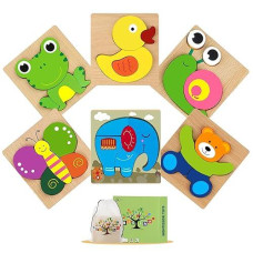 Montessori Toys For 1+ Year Old,Toddler Toys Age 1 2 3 Year Old Boy Girl, Wooden Puzzles For Toddlers 1-3,Learning Educational Stem Sensory Toys,6 Animal Jigsaw Puzzles Games Baby Toys Boy Girl Gifts