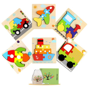 Wooden Puzzles Toddler Toys For 1 2 3 Year Old Boys Girls Montessori Jigsaw Puzzles With 6 Packs Vehicle Shape Preschool Sensory Learning Stem Toys For Kids Infant Toddlers Educational Games Gifts