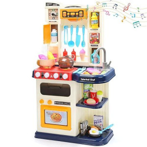 Cute Stone Play Kitchen, Kids Kitchen Playset With Real Sounds & Lights, Pretend Play Food Toys, Play Sink, Cooking Stove With Steam, Toddler Kitchen Toy Gift For Boys And Girlis (Blue)