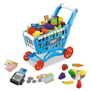 Redcrab Kids Shopping Cart Toy Supermarket Playset 64Pcs Included Grocery Cart Toy,Cutting Food,Pretend Fruit Vegetables Shop Accessories For Boy Girl Kid (Blue-1)