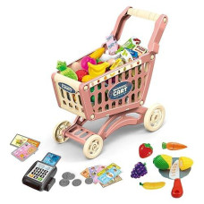 Redcrab Kids Shopping Cart Toy Supermarket Playset 64Pcs Included Grocery Cart Toy,Cutting Food,Pretend Fruit Vegetables Shop Accessories For Boy Girl Kid (Pink-1)