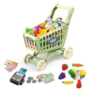 Redcrab Kids Shopping Cart Toy Supermarket Playset 64Pcs Included Grocery Cart Toy,Cutting Food,Pretend Fruit Vegetables Shop Accessories For Boy Girl Kid(Green-1)