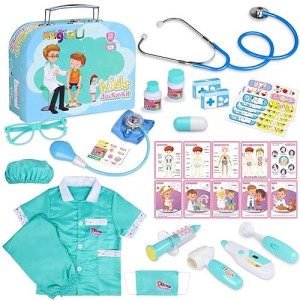 Magic4U Kids Doctor Costume Kit With Real Working Stethoscope And Carry Case, 34 Pieces Pretend-N-Play Realistic Medical Dr Toys For Toddler Boys Girls