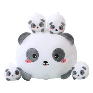 Sqeqe Panda Mommy Stuffed Animal With 4 Baby Pandas, Super Soft Cartoon Hugging Toy Gifts For Girls Boys Birthday