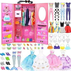 84 Pack Doll Clothes And Accessories With Doll Closet For 11.5 Inch Doll Fashion Design Kit Girl Doll Dress Up Including Wedding Dress Fashion Dress Outfits Tops And Pants Shoes Hangers Bags Necklaces