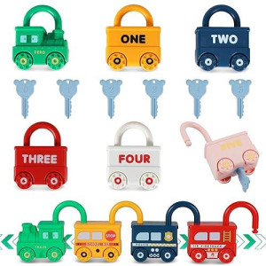 Kizmyee Montessori Lock And Key Car Toys, Sensory Matching & Sorting Early Learning Toy With Number For Preschool Children, Boys And Girls 18+ Months Old