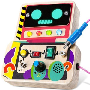 Cozybomb Sensory Busy Board Toddler Toys - Montessori Wooden Robot Button With Wires Sounds Travel Early Age Educational Puzzles Gift Toys Led Light For Boys And Girls From Ages 3 4 5 6 Years Old