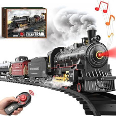Hot Bee Train Set For Boys - Remote Control Train Toys W/Steam Locomotive, Cargo Cars & Tracks,Trains W/Realistic Smoke,Sounds & Lights,Christmas Train Toys For 3 4 5 6 7+ Years Old Kids