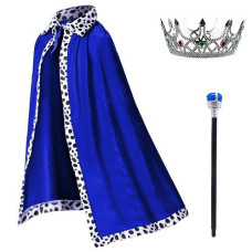 King Costume For Kids Robe Crown Scepter Set Boys Royal Prince Cape Dress Up Cosplay Blue
