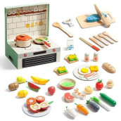 Giant Bean Wooden Play Food Set, Play Kitchen Accessories, 78Pcs Pretend Play Cooking Toy, Vegetables Fruits Cutting Toys, Play Dishes, Educational Toddler Toys