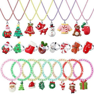 24 Pcs Christmas Little Girl Jewelry Set Kids Unicorn Necklace Cute Woven Bracelet Ring For Pretend Dress Up Party Favor (Santa Style)