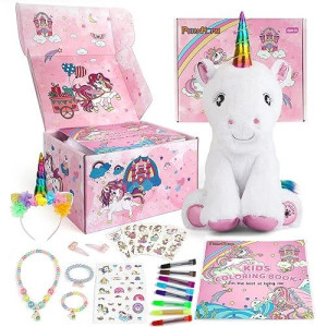 Perryhome Unicorn Gifts For Girls 26 Pcs Surprise Box With Unicorn Plush, Diy Coloring Book And Markers, Unicorn Necklace & Jewelry, Unicorn Themed Toy Birthday Gift For 3-12 (White Plush Set)
