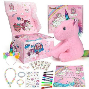 Perryhome Unicorn Gifts For Girls 26 Pcs Surprise Box With Unicorn Plush, Diy Coloring Book And Markers, Unicorn Necklace & Jewelry, Unicorn Themed Toy Birthday Gift For 3-12 (Pink Plush Set)