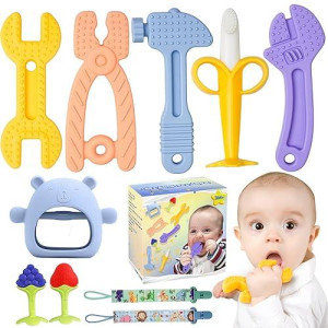 8 Pc Baby Teething Toys, Teethers Set For 0-6, 3-6 Months & 6-12 Months, Baby Essentials, Infant Toys, Baby Chew Toys Set, Food Grade Silicone, Hammer Wrench Spanner Pliers Fruit Giraffe Shape Teether