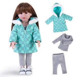 Rakki Dolli Doll Clothes 3 Pc. Set Blue Grey Plaid Hooded Thick Coat Suit Checkerboard Jacket With Long Sleeve, Warm Doll Outfit Hoodie Snowsuit Fits For 18" Dolls (Doll & Shoes Not Included) 012