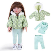 Rakki Dolli Doll Clothes 3 Pc. Set Light Green Grey Plaid Hooded Thick Coat Checkerboard Jacket With Long Sleeve, Warm Doll Outfit Hoodie Snowsuit Fits For 18" Dolls (Doll & Shoes Not Included) 013