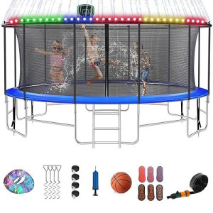 Fiziti 16Ft Trampoline For Kids And Adults, 1500 Lbs Outdoor Trampoline With Basketball Hoop, Enclosure Net, Sprinkler, Lights, Astm Cpc Cpsia Approved
