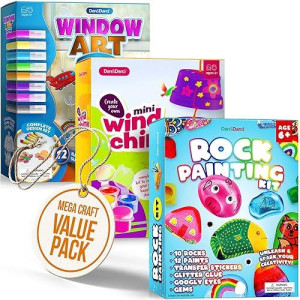 Kids Arts & Crafts Bundle - Painting Activities Kits For Boys & Girls Of All Ages - Rock Painting, Window Art, Diy Chime Kit - Craft Supplies Activity Set - Kid & Toddler Summer Projects Gifts