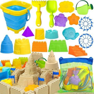 Toy Life Beach Toys Sand Toys For Kids 1-3, 40 Pcs Travel Beach Toys For Toddlers 1 3 With Collapsible Beach Bucket And Shovels, Sand Castle Molds Kit Toys For Beach, Foldable Bucket