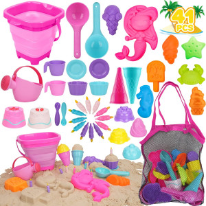 Toy Life Beach Toys Sand Toys For Kids 3-10, 41 Pcs Travel Mermaid Beach Sand Toys For Toddlers 1 3 Girls Collapsible Beach Bucket And Shovels, Ice Cream Sand Molds Toys Mesh Bag Toddler Sandbox Toys