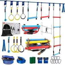 Ninja Warrior Obstacle Course For Kids, 2�56Ft Slackline Kit With 8 Ninja Accessories - Monkey Bar, Rope Ladder, Gymnastic Ring, Arm Trainer And Monkey Fist
