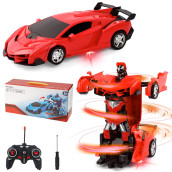 Kizeefun Remote Control Car For Kids: Transformable Remote Control Car For Boys And Girls With Flashing Lights And 360�Rotation, 1:18 Rc Stunt Car Included 2 Rechargeable Batteries