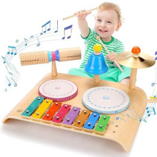 Kids Drum Set,Toddler Drum With Xylophone,8 In 1 Wooden Baby Percussion Instruments,Musical Montessori Toys Birthday Gifts For Children Boys And Girls