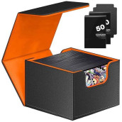 Scimi Card Deck Box For 150+ Sleeved Cards - Fits Edh/Commander/Pokemon/Mtg/Keyforge/Yugioh! / Tcg/Ccg Packed With 100 Pcs Card Sleeves (Black/Orange)