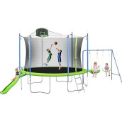 Lyromix 12 14Ft Trampoline With Slide And Swings, Astm Approved Large Recreational Trampoline With Basketball Hoop And Ladder,Outdoor Backyard Trampoline With Net, Capacity For 5-7 Kids And Adults