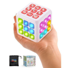 Power Your Fun Cubik Led Flashing Cube Memory Game - Electronic Handheld Game, 5 Brain Memory Games For Kids Stem Sensory Toy Brain Game 3D Puzzle Fidget Light Up Cube Stress Relief Fidget Toy (White)