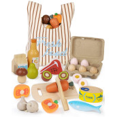 Wooden Play Food Sets For Kids Kitchen, Food Toys For Toddlers 3+ Year Old, With Shopping Bag, Pretend Food Play Kitchen Cutting Fruits Vegetables Toys, Gift For Boys Girls Educational Toys
